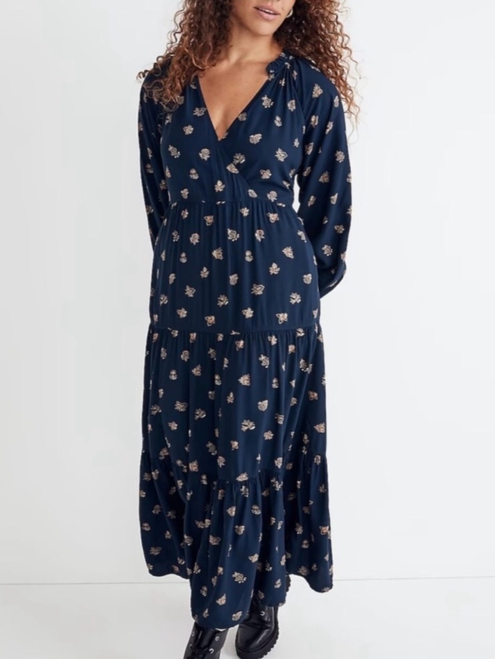 Madewell Challis Midi Navy Dress Brittanica Floral Long Sleeve Tiered Sz Medium